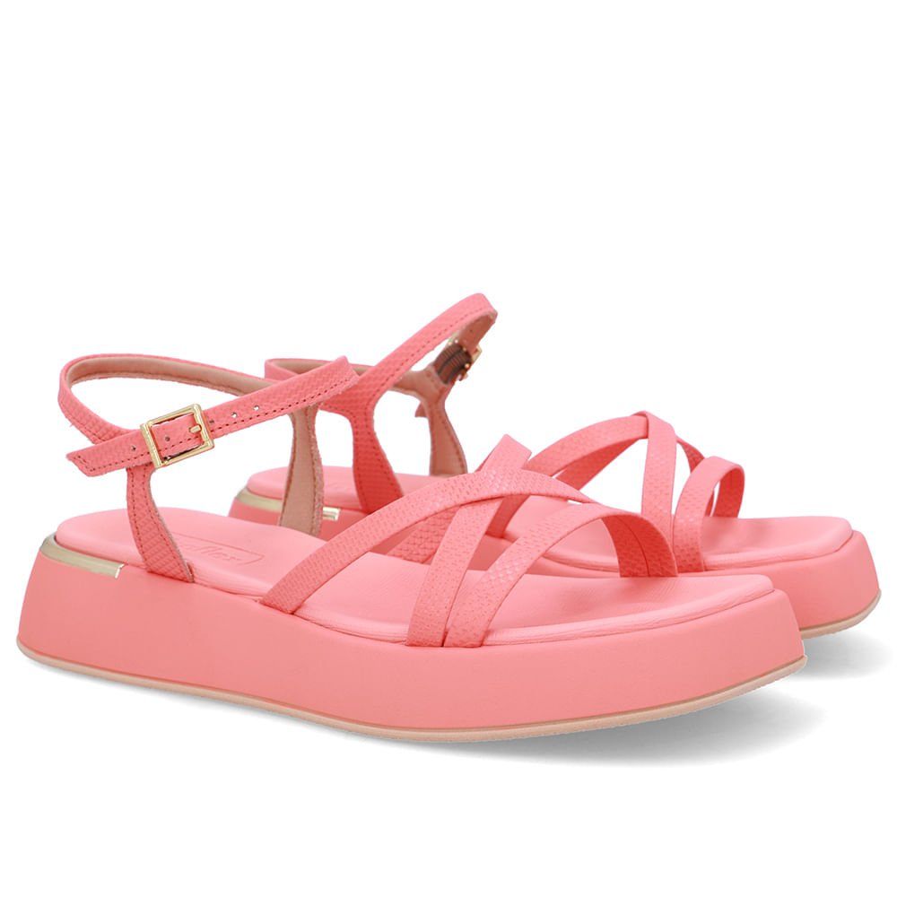 Sandália Salto Baixo Couro Laranja Tiras Coral 2