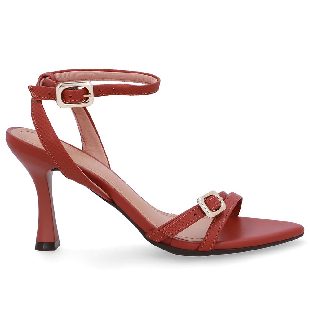 Sandália Salto Fino Couro Marrom Bico Folha