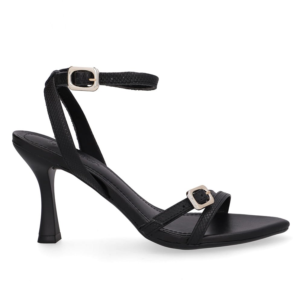 Sandália Salto Fino Couro Preta Bico Folha