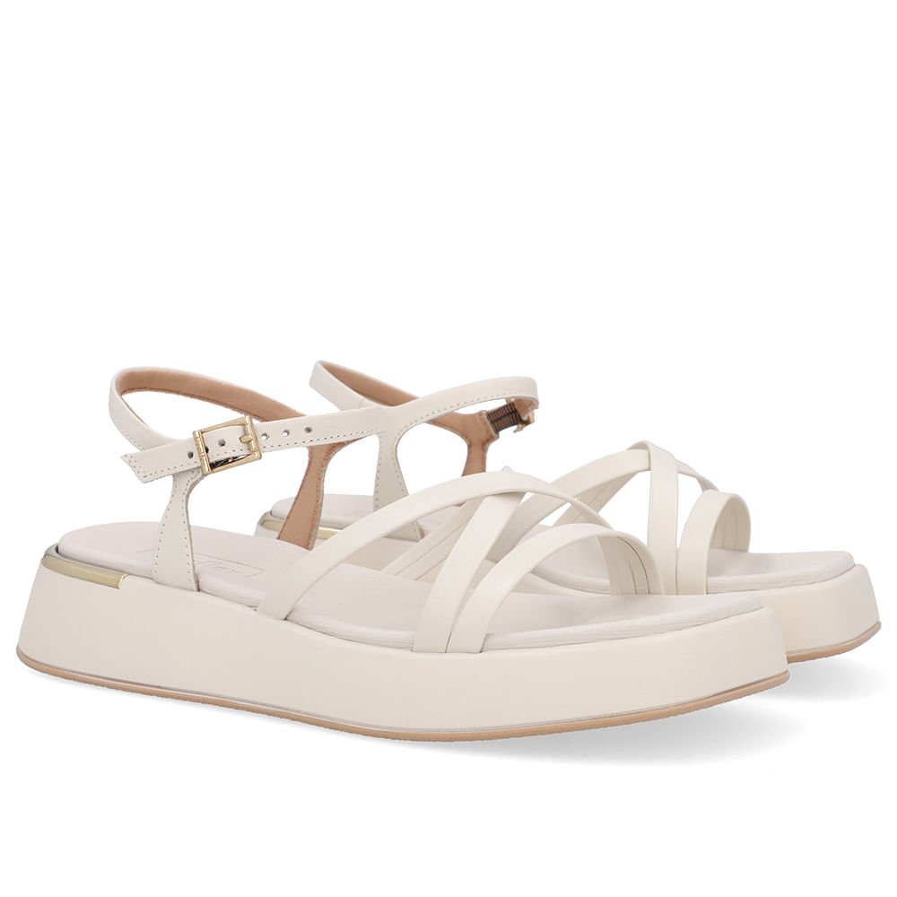 Sandália Salto Baixo Couro Branca Marfim Tiras Marfim 2