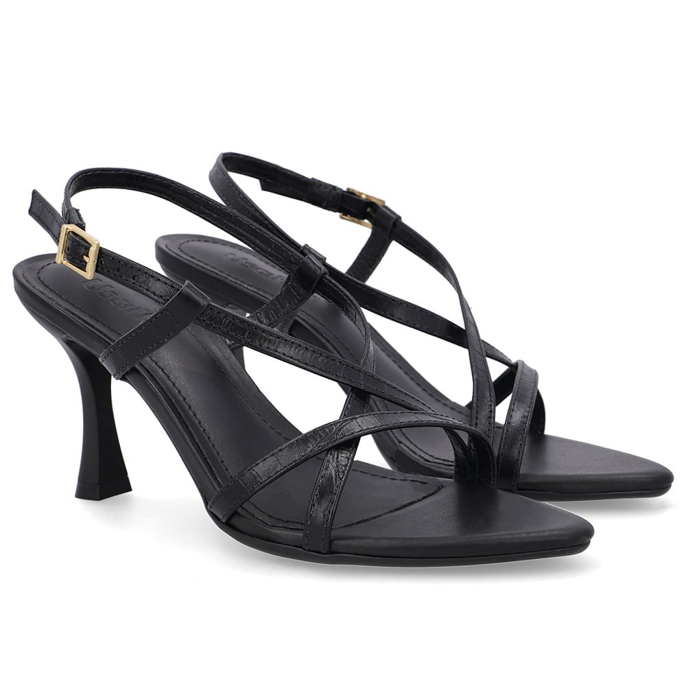 Sandália Tiras Couro Preta Bico Folha Preto 2