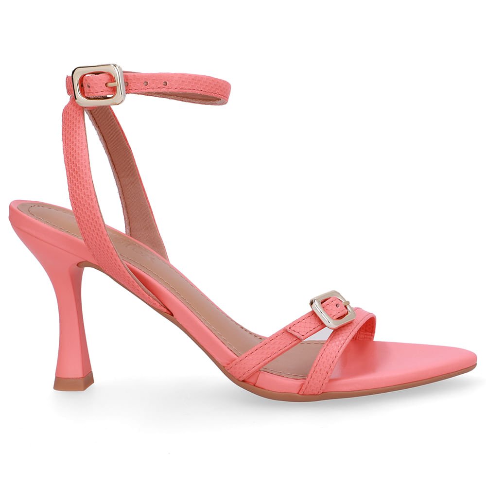 Sandália Salto Fino Couro Laranja Bico Folha