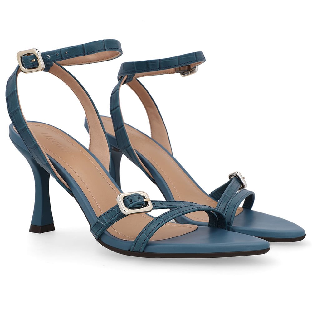 Sandália Salto Fino Couro Azul Bico Folha Azul 2