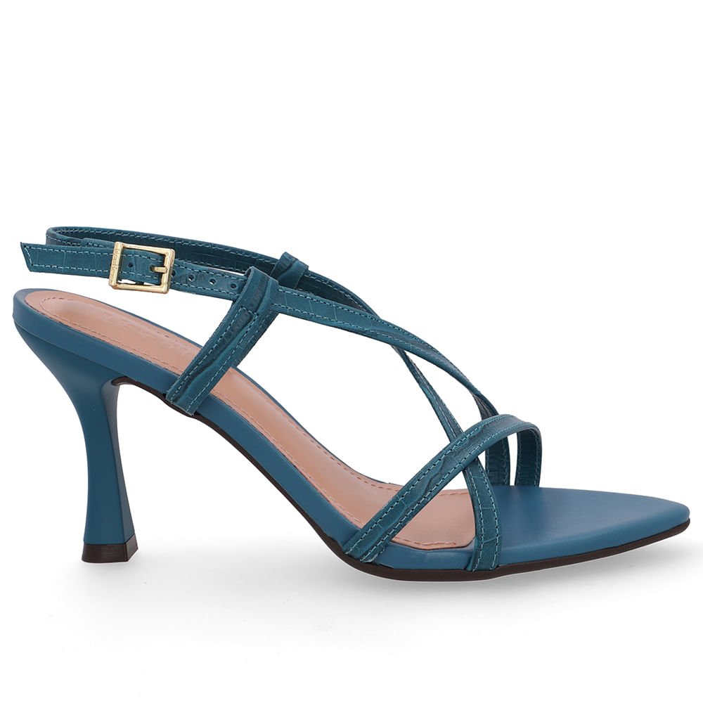 Sandália Tiras Couro Azul Bico Folha