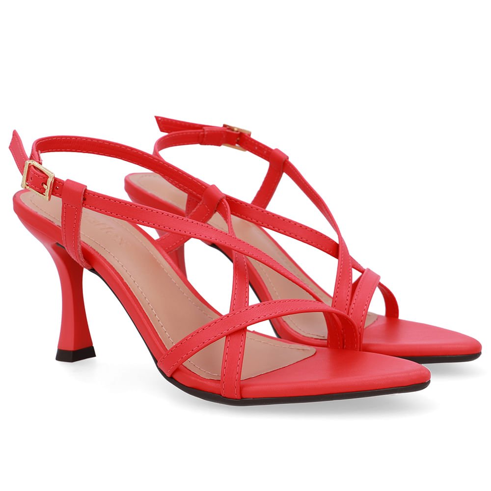 Sandália Tiras Couro Vermelha Bico Folha Vermelho 2