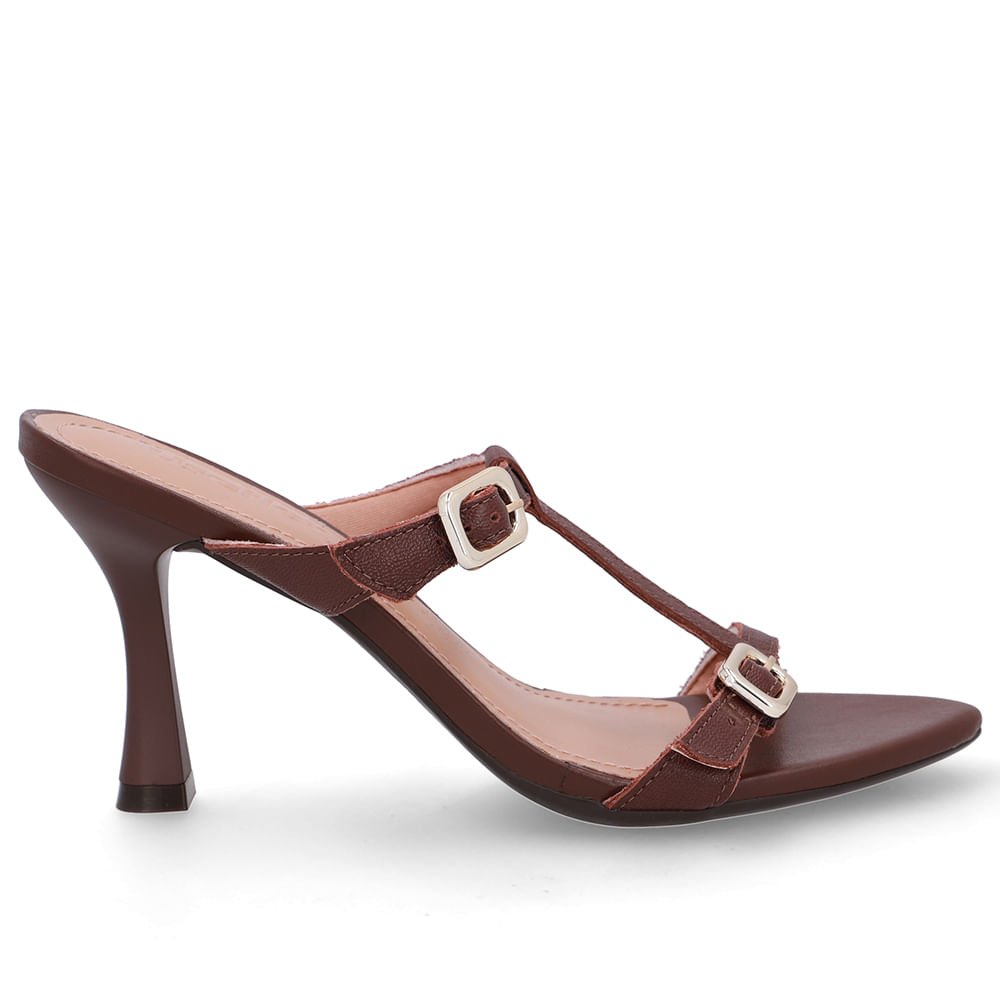 Tamanco Couro Marrom Pinhão Bico Folha