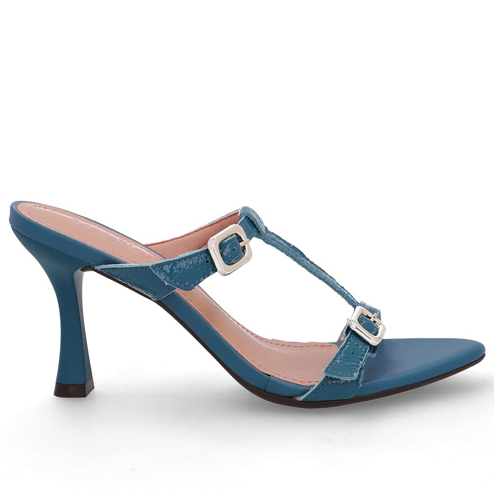 Tamanco Couro Azul Bico Folha