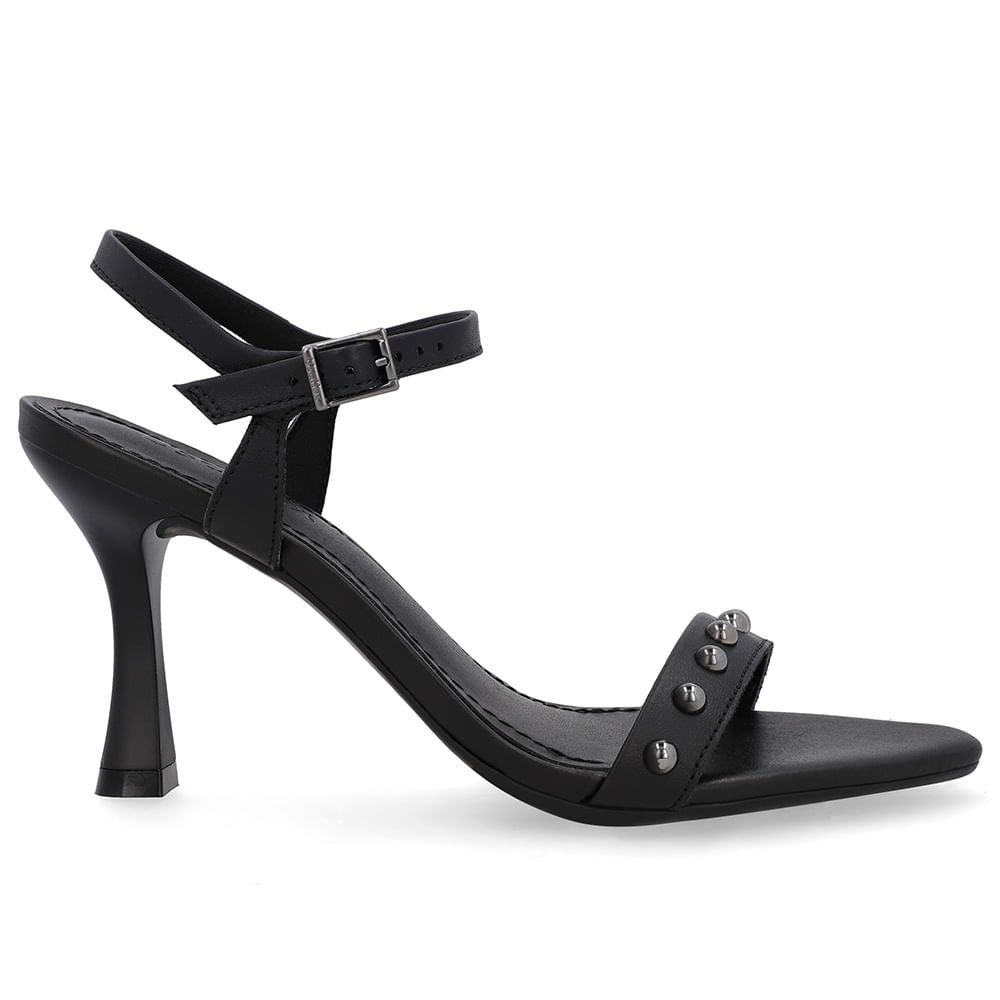 Sandália Salto Alto Couro Preta Bico Folha