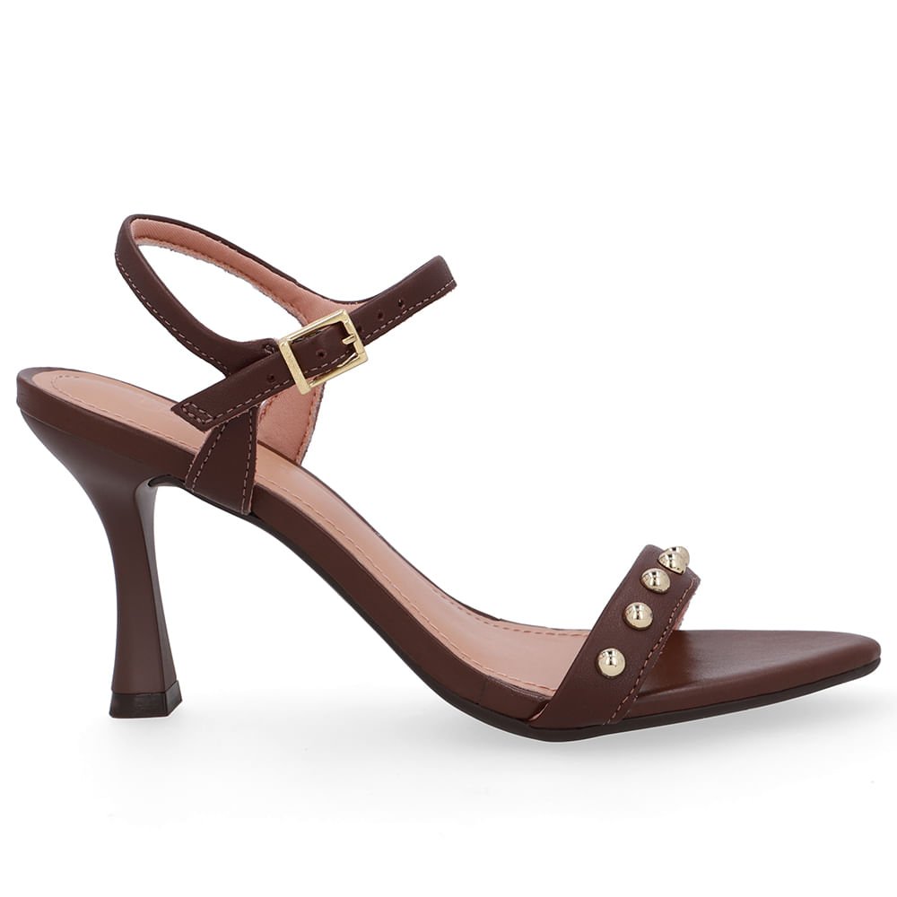 Sandália Salto Alto Couro Marrom Pinhão Bico Folha