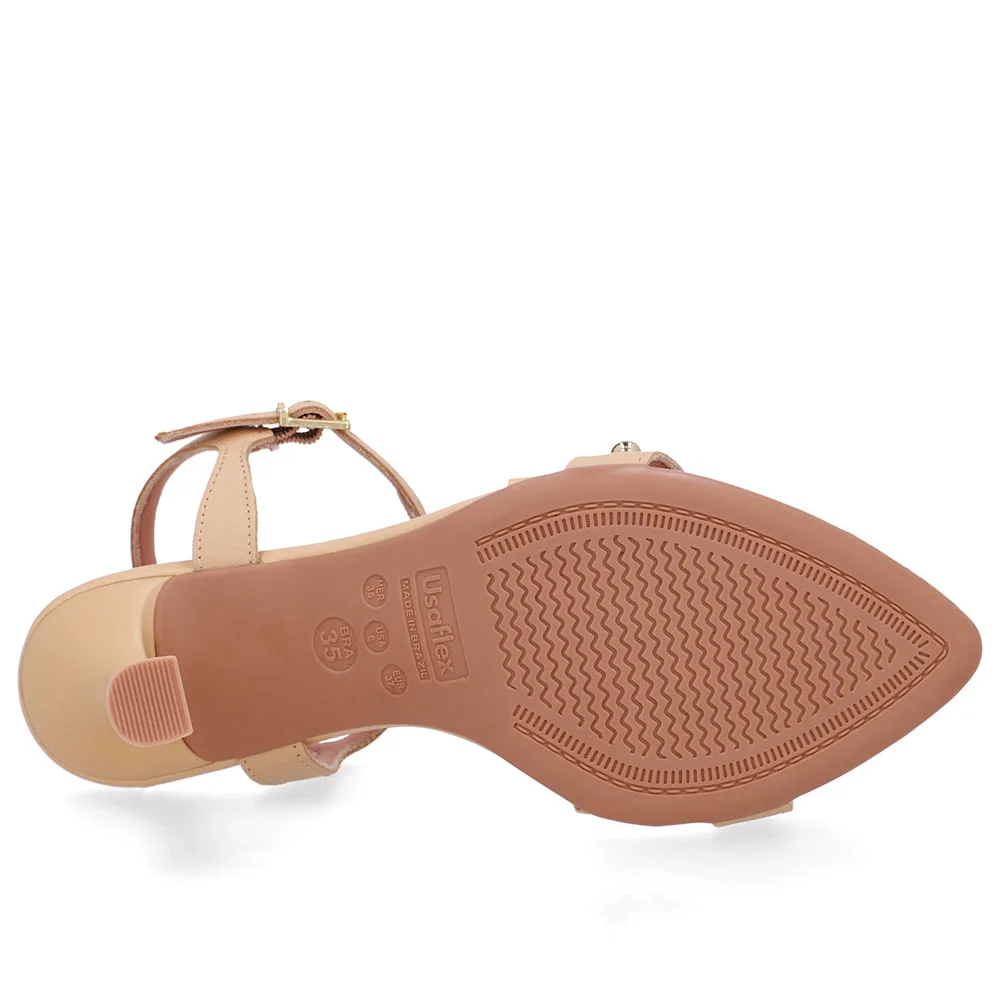 Sandália Salto Alto Couro Bege Creme Bico Folha Creme 5