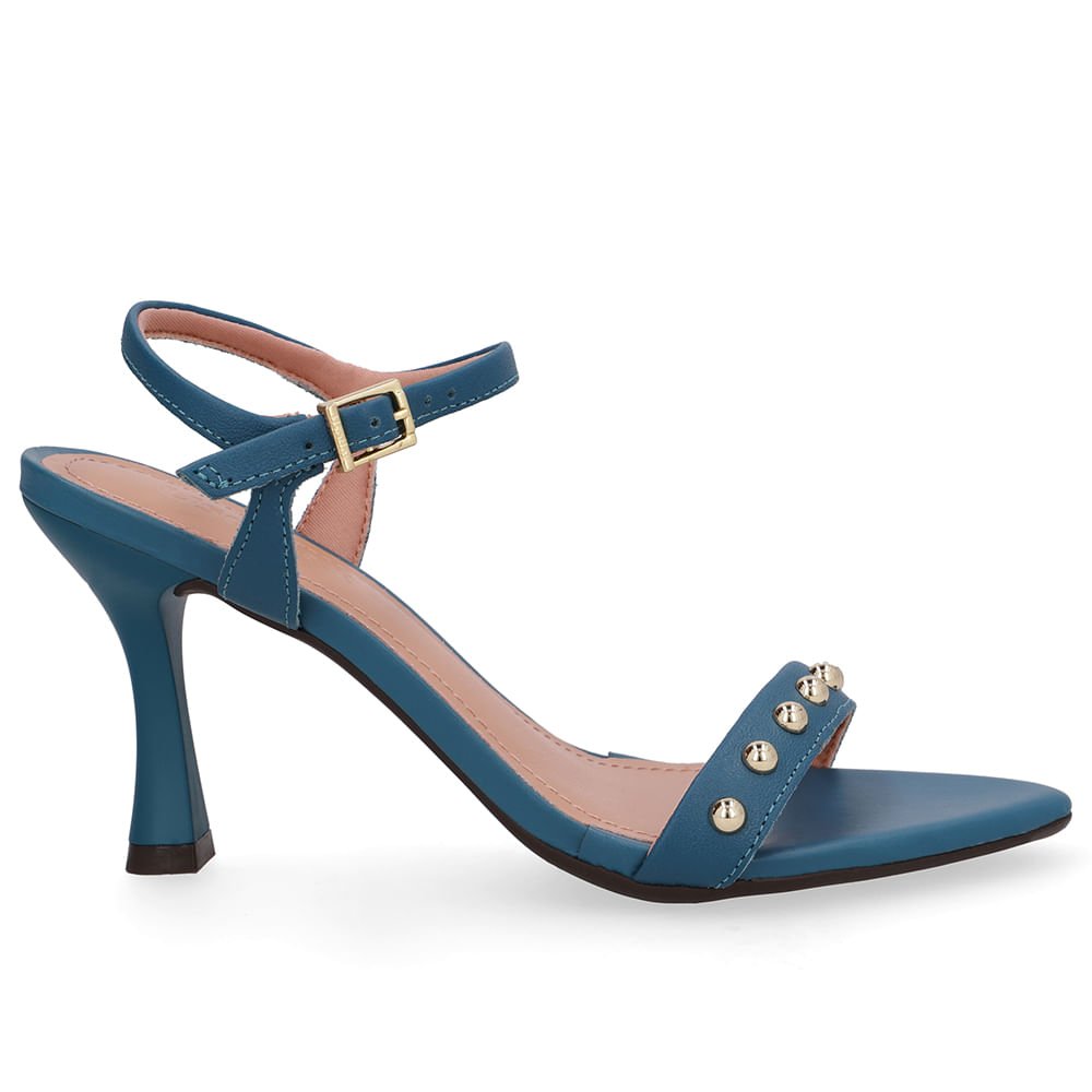 Sandália Salto Alto Couro Azul Bico Folha