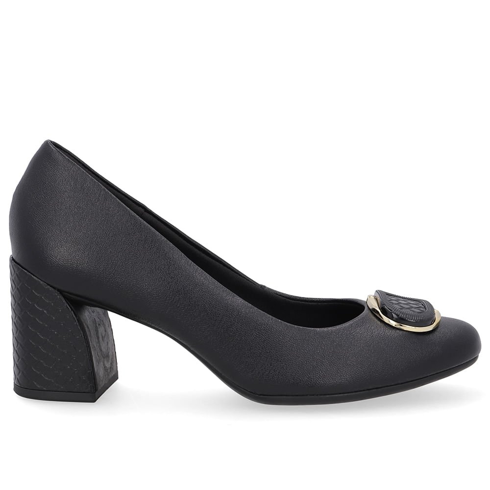 Scarpin Preto Couro Salto Geométrico Enfeite