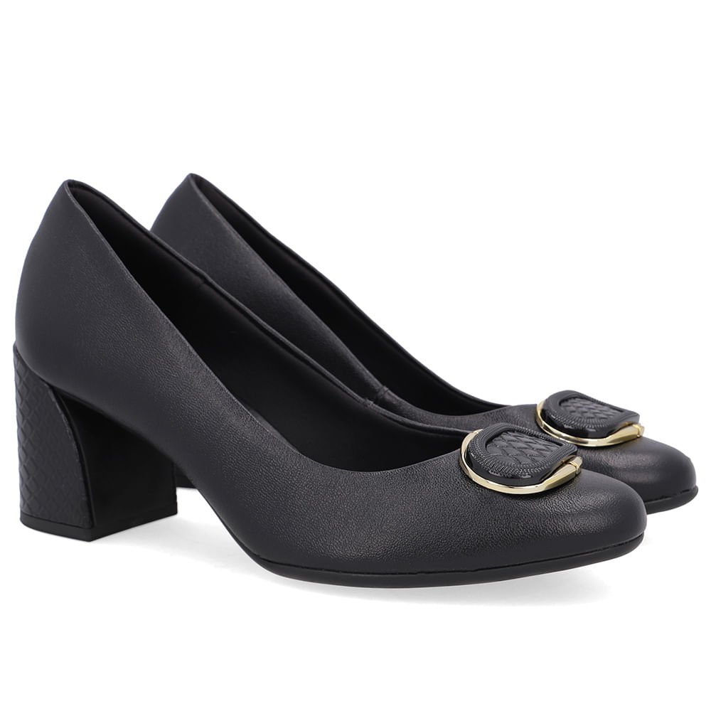 Scarpin Preto Couro Salto Geométrico Enfeite Preto 2