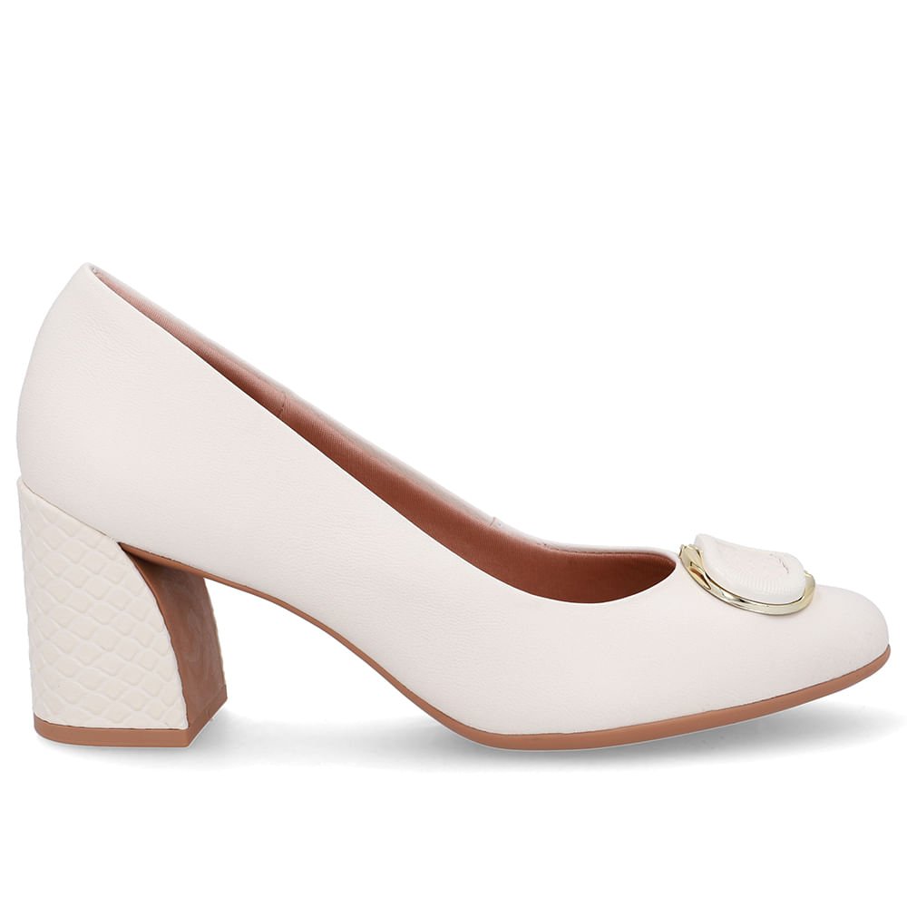 Scarpin Branco Marfim Couro Salto Geométrico Enfeite