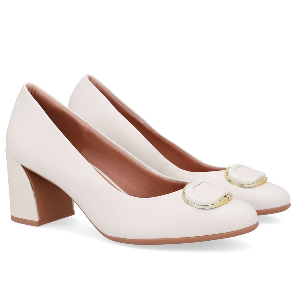 Scarpin Branco Marfim Couro Salto Geométrico Enfeite Marfim 2