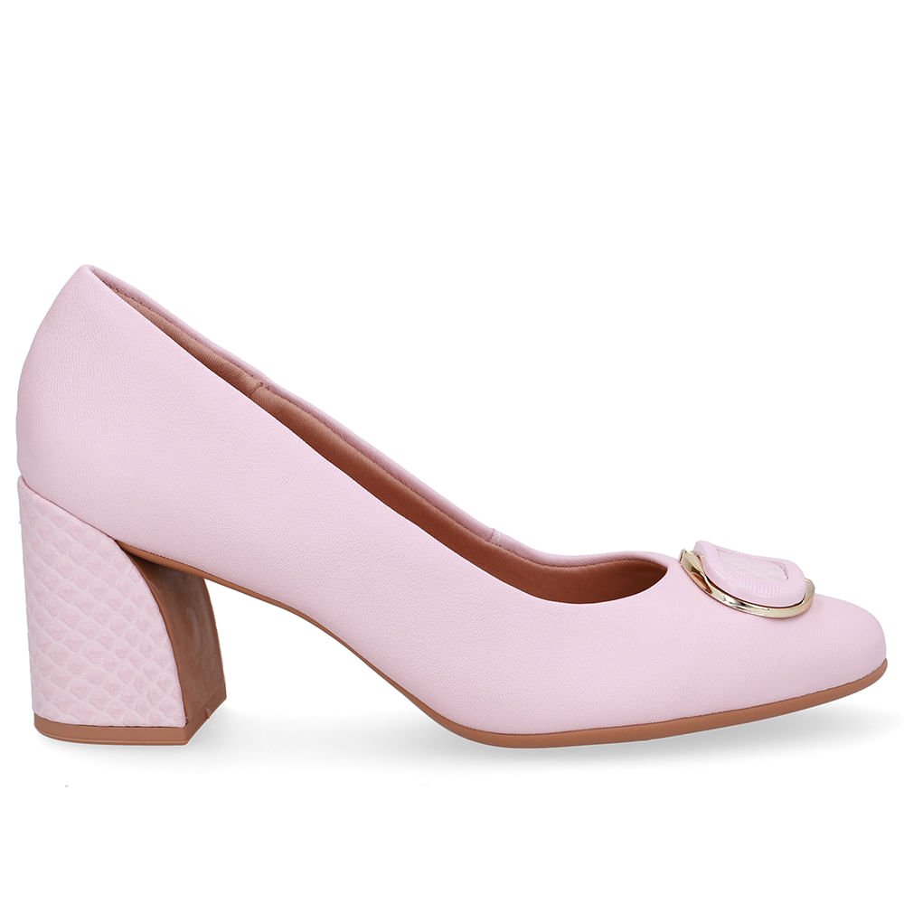 Scarpin Rosa Couro Salto Geométrico Enfeite