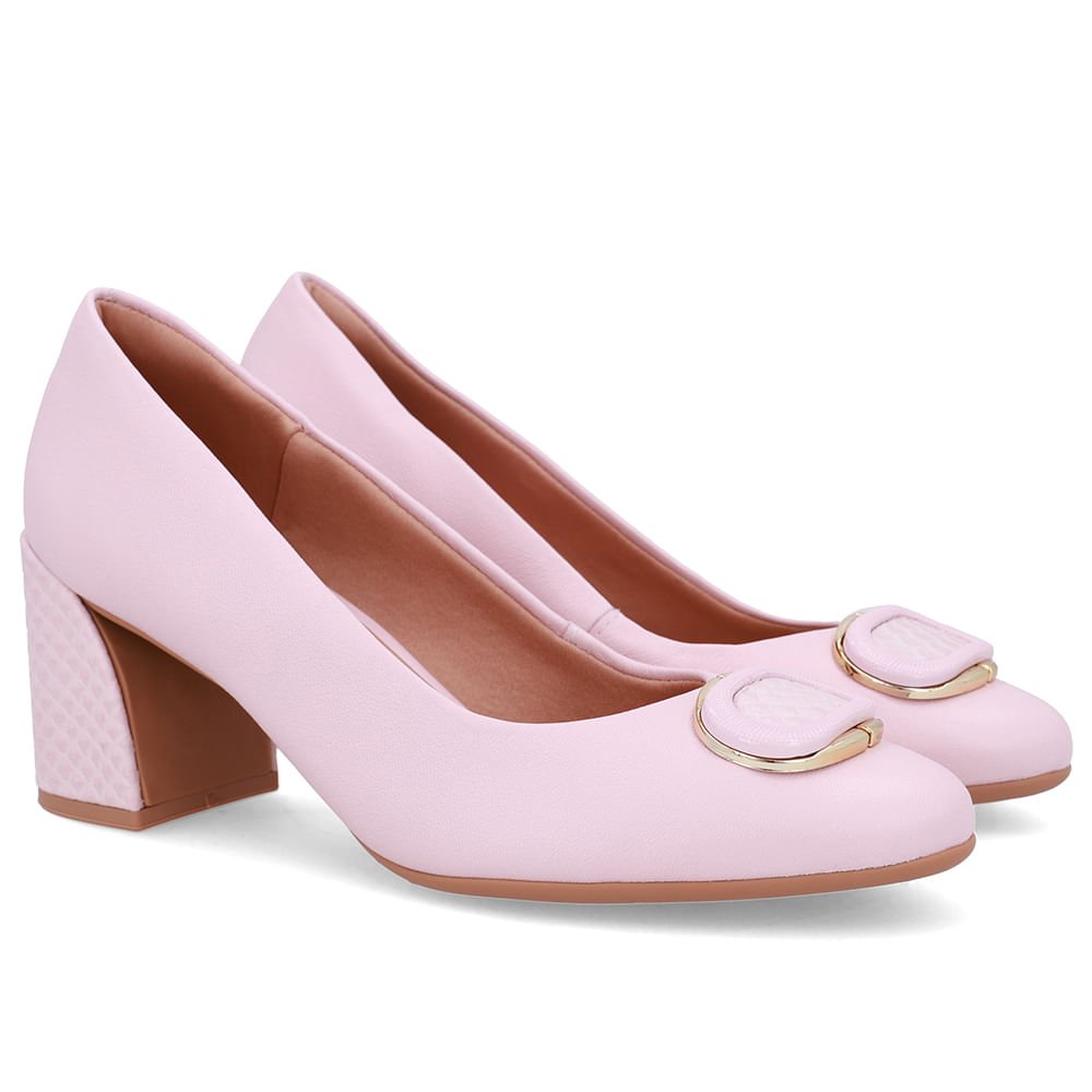 Scarpin Rosa Couro Salto Geométrico Enfeite Rosa 2