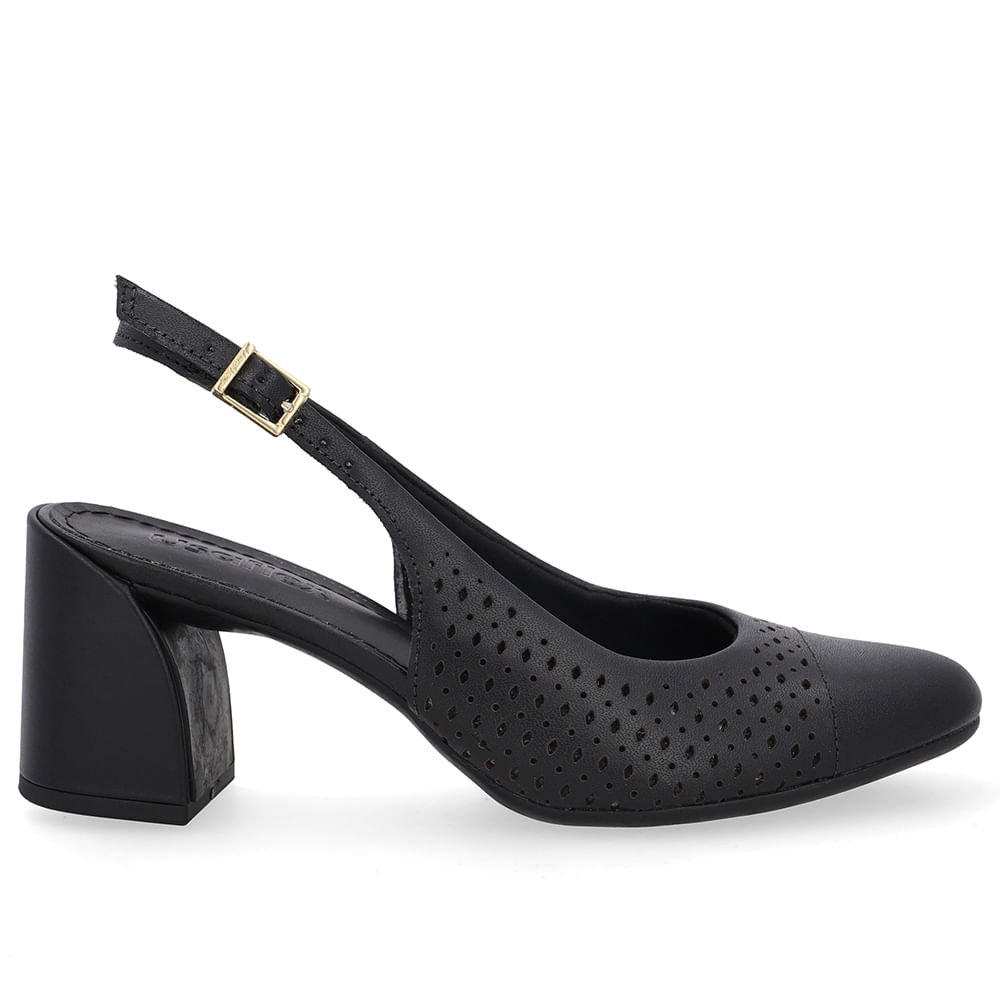 Slingback Preto Bico Redondo Couro Laser