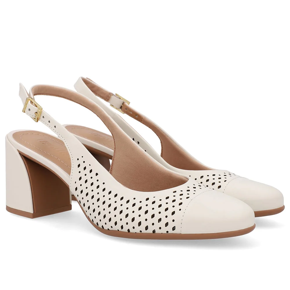 Slingback Branco Marfim Bico Redondo Couro Laser Marfim 2
