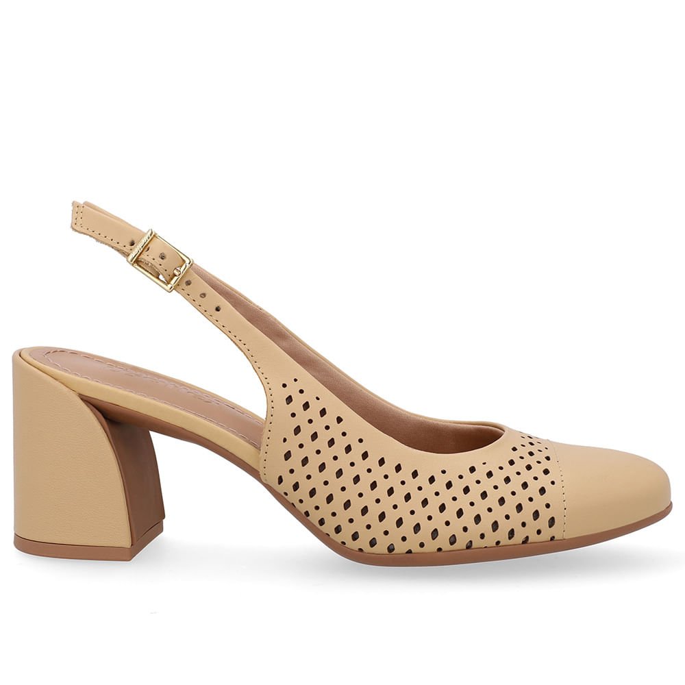 Slingback Bege Creme Bico Redondo Couro Laser