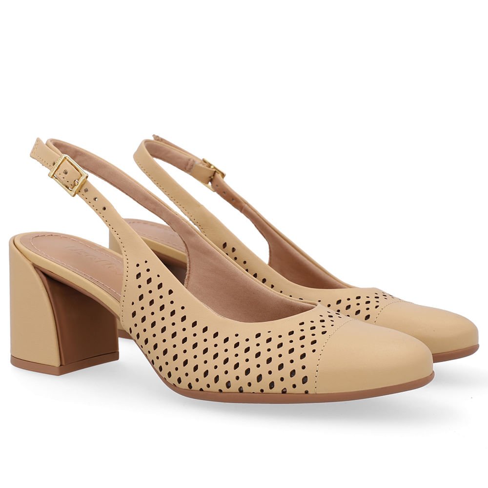 Slingback Bege Creme Bico Redondo Couro Laser Creme 2