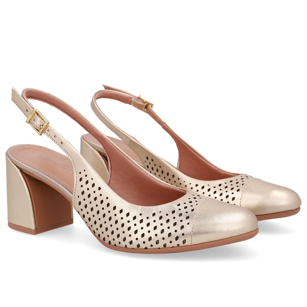 Slingback Dourado Bico Redondo Couro Laser Dourado 2