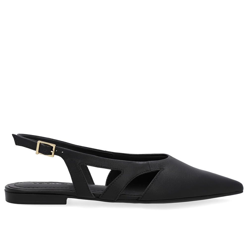 Slingback Preto Couro Bico Fino Recortes