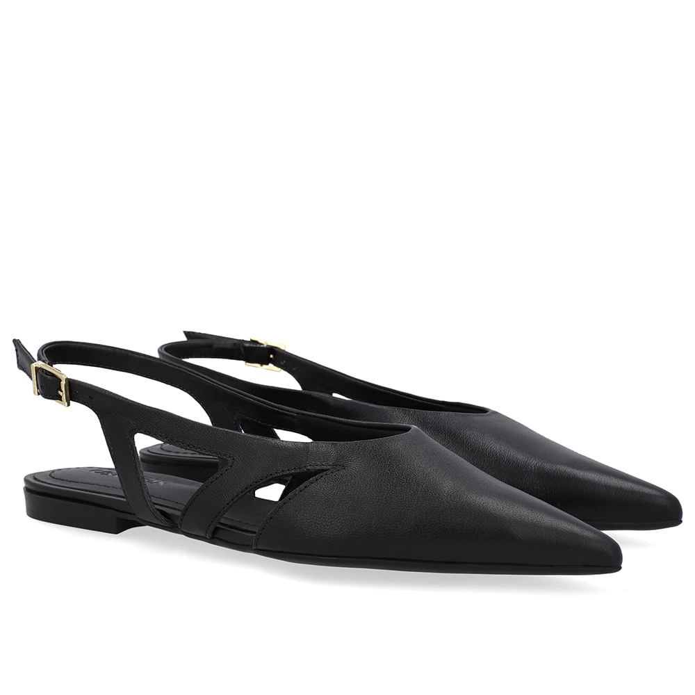 Slingback Preto Couro Bico Fino Recortes Preto 2