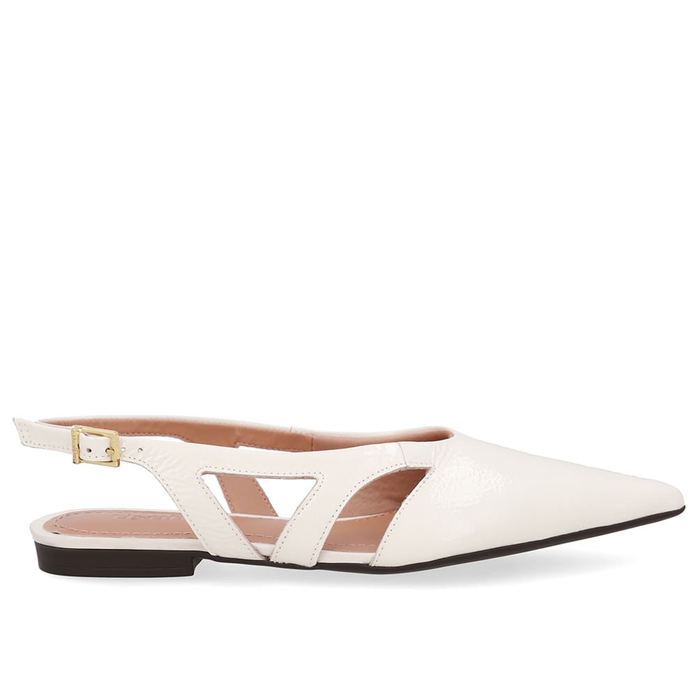 Slingback Branco Marfim Couro Bico Fino Recortes