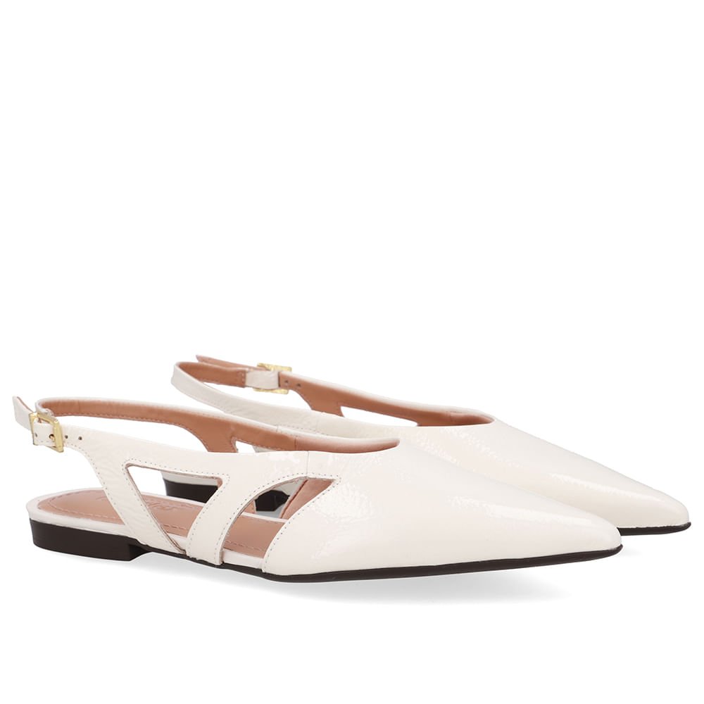 Slingback Branco Marfim Couro Bico Fino Recortes Marfim 2
