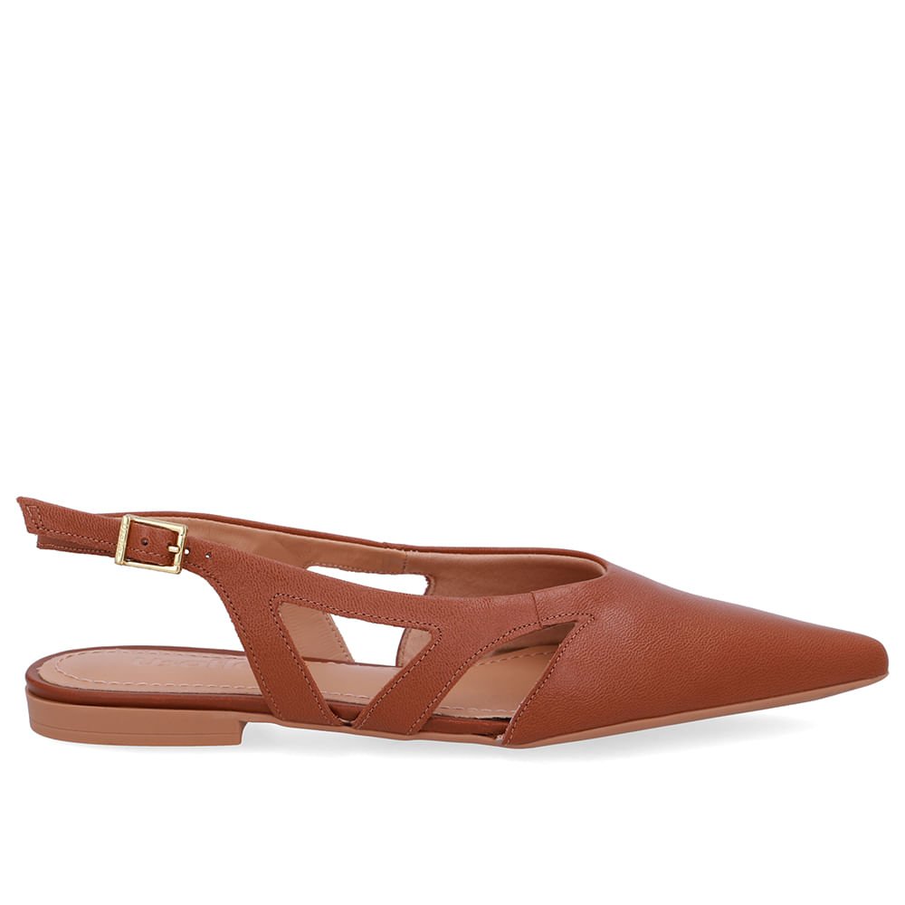 Slingback Marrom Couro Bico Fino Recortes