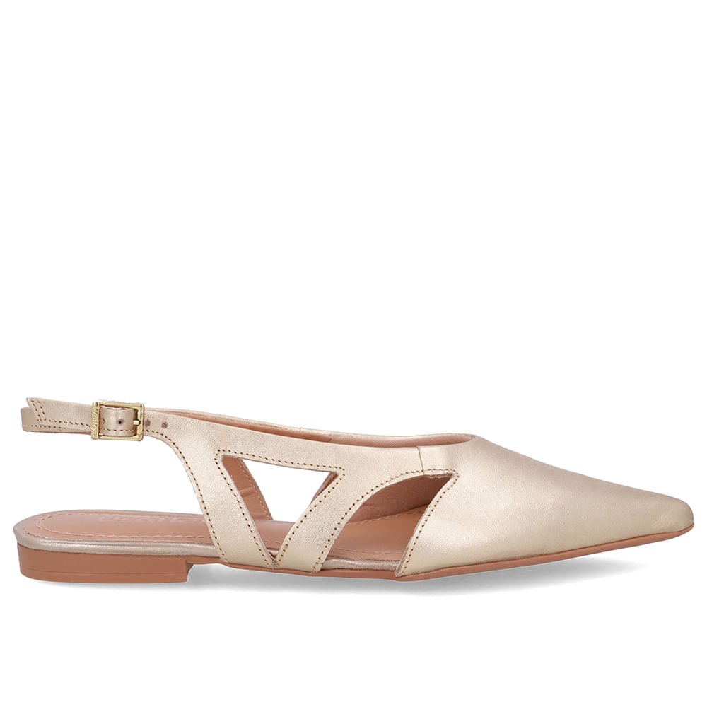 Slingback Dourado Couro Bico Fino Recortes