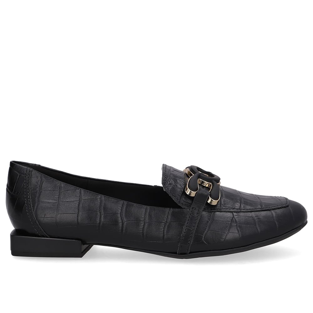 Loafer Preto Couro Croco Enfeite