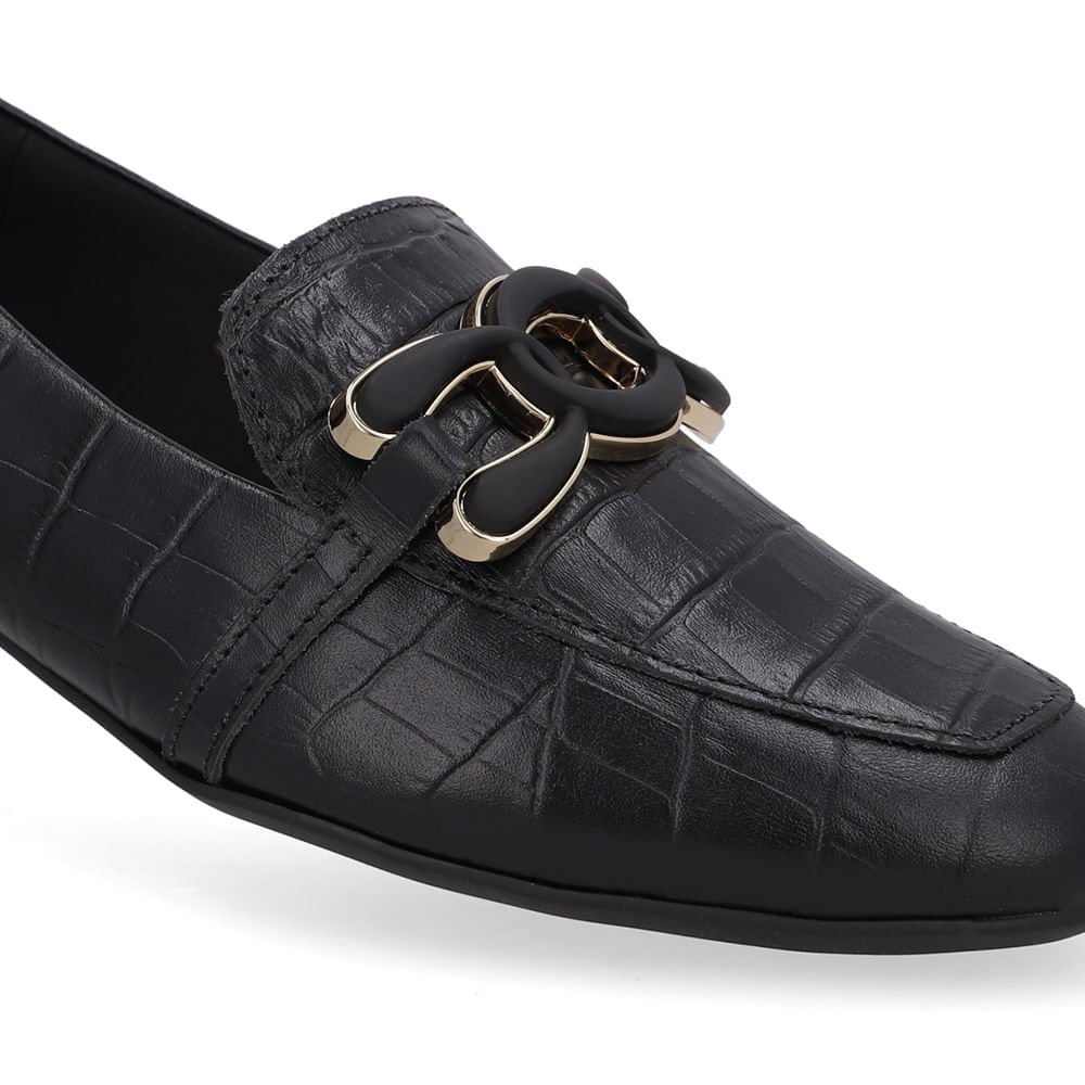 Loafer Preto Couro Croco Enfeite Preto 4