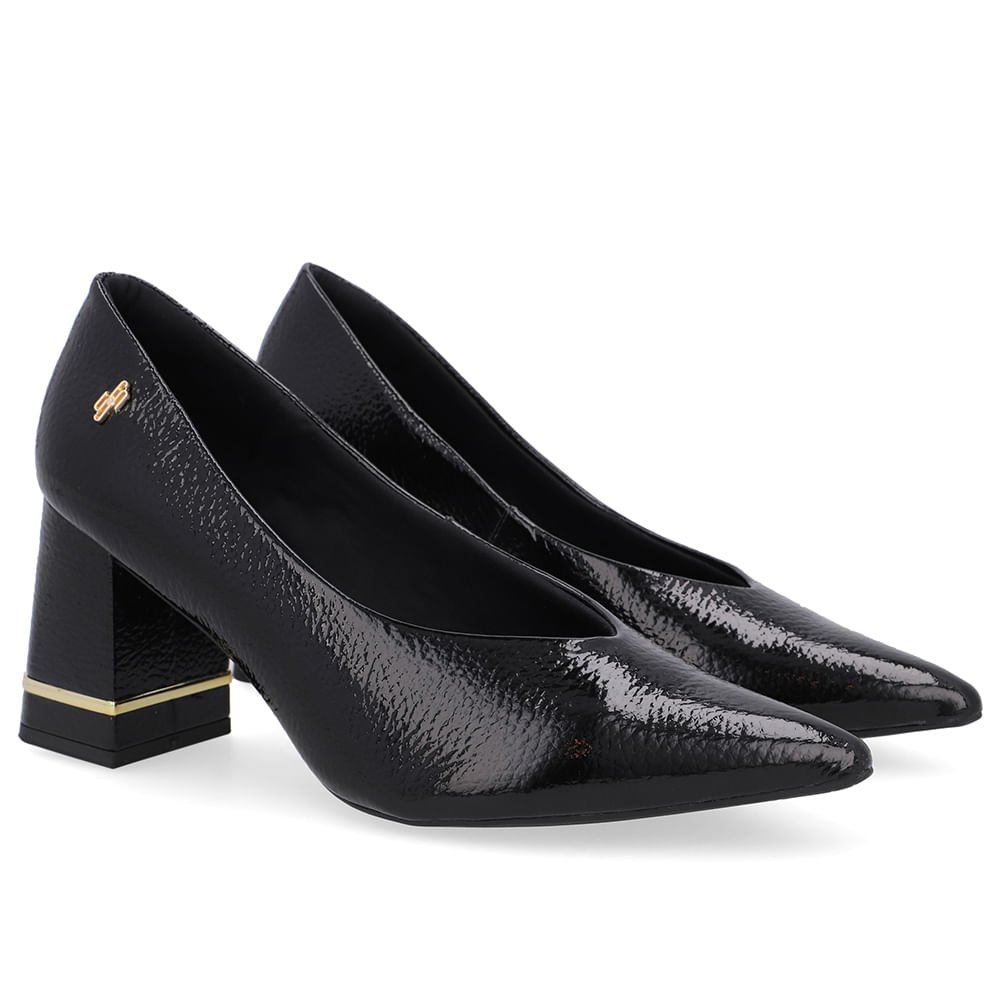 Scarpin Bico Fino Verniz Preto Detalhe Salto Preto 2