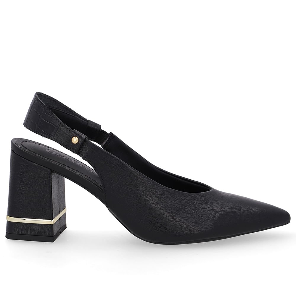 Slingback Preto Casual Bico Fino Couro