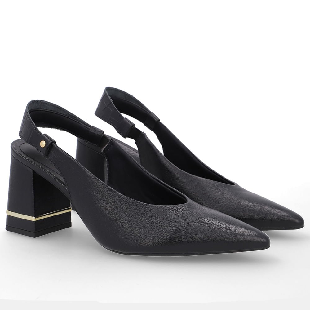 Slingback Preto Casual Bico Fino Couro Preto 2
