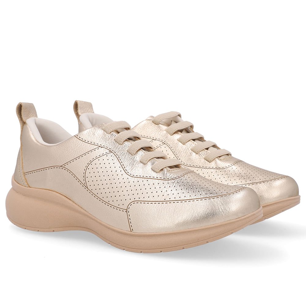 Tênis Cadarço Elástico Couro Dourado Dourado 2
