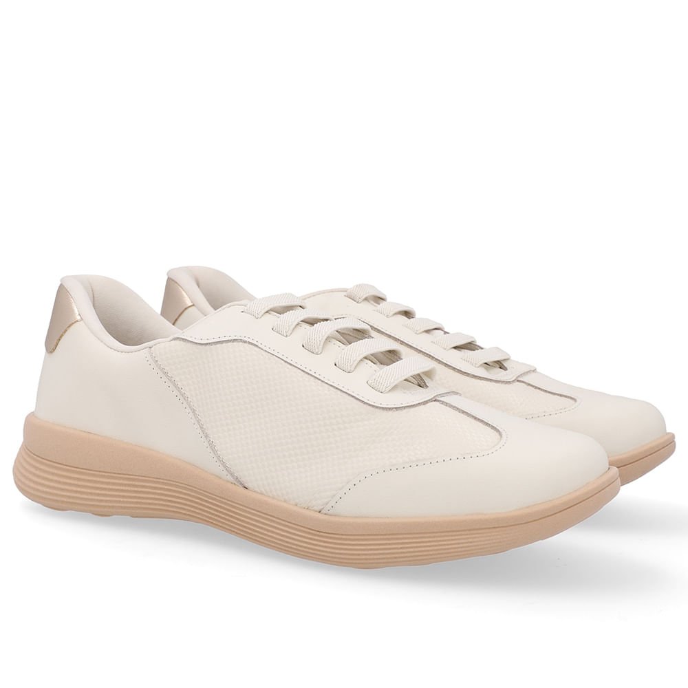 Tênis Básico Couro Branco Marfim Cadarço Elástico Marfim 2