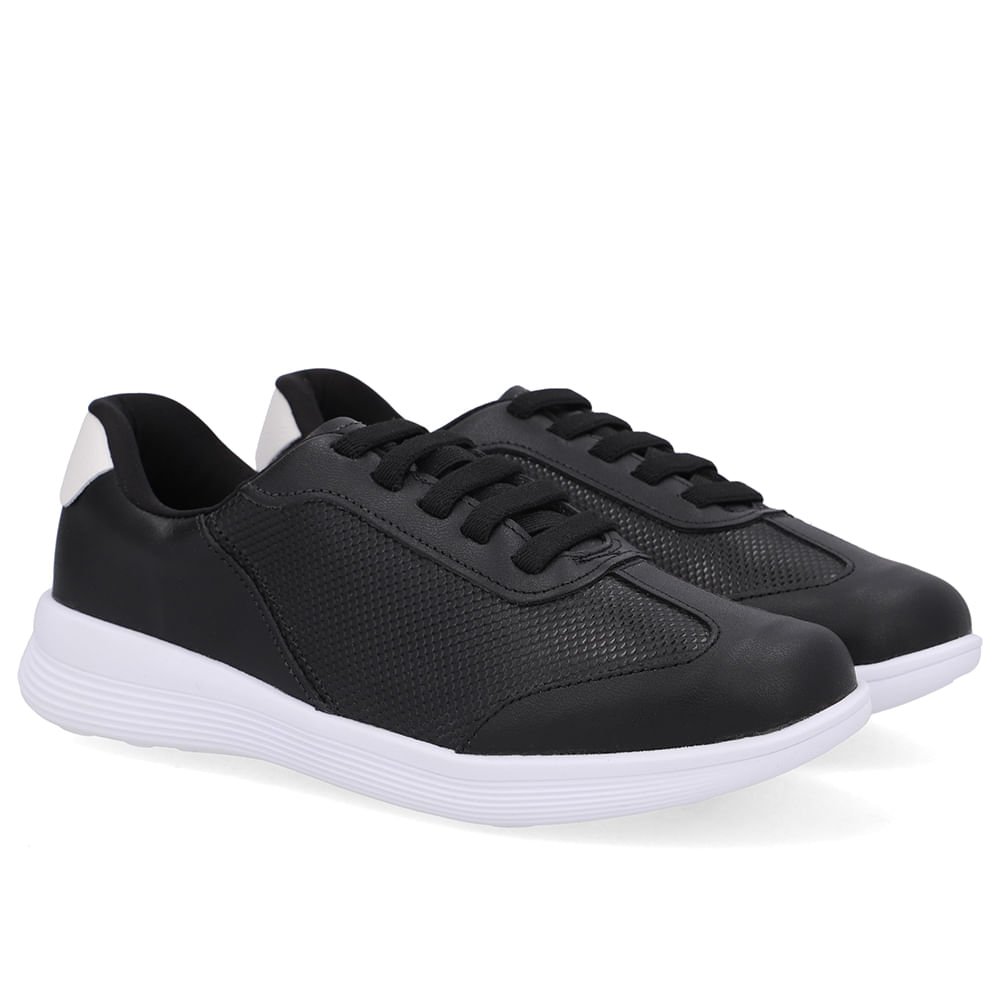 Tênis Básico Couro Preto Cadarço Elástico Preto 2