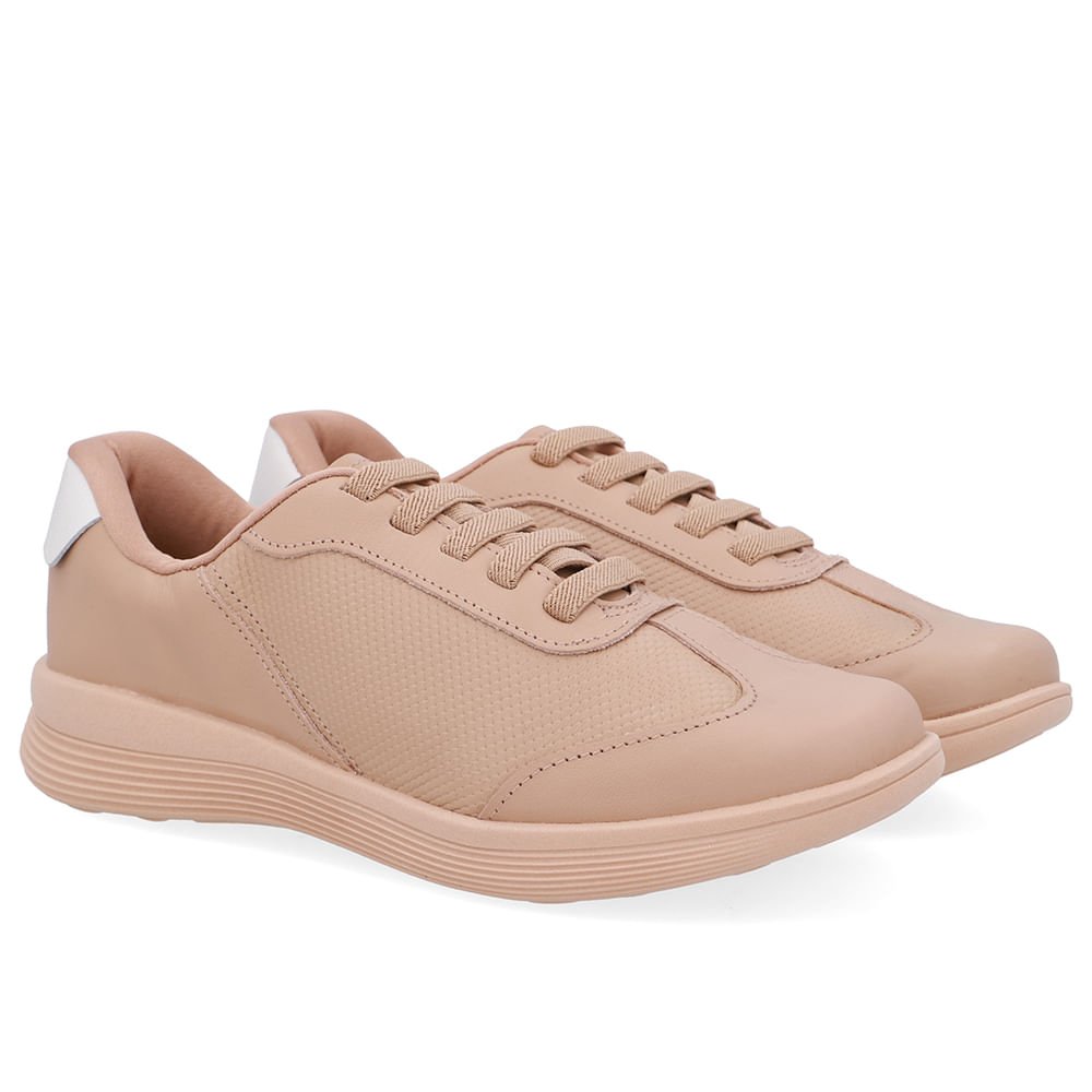 Tênis Básico Couro Bege Cadarço Elástico Bege 2