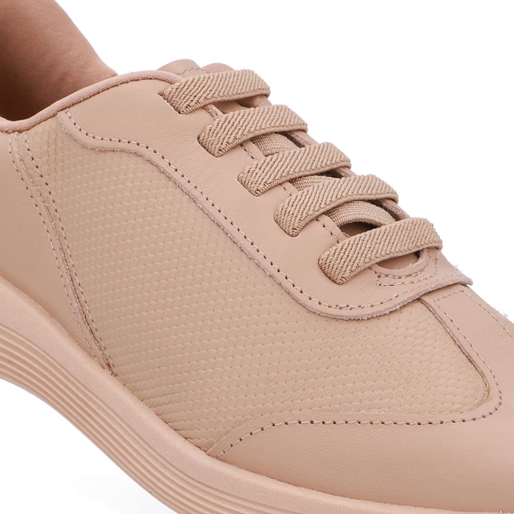 Tênis Básico Couro Bege Cadarço Elástico Bege 4