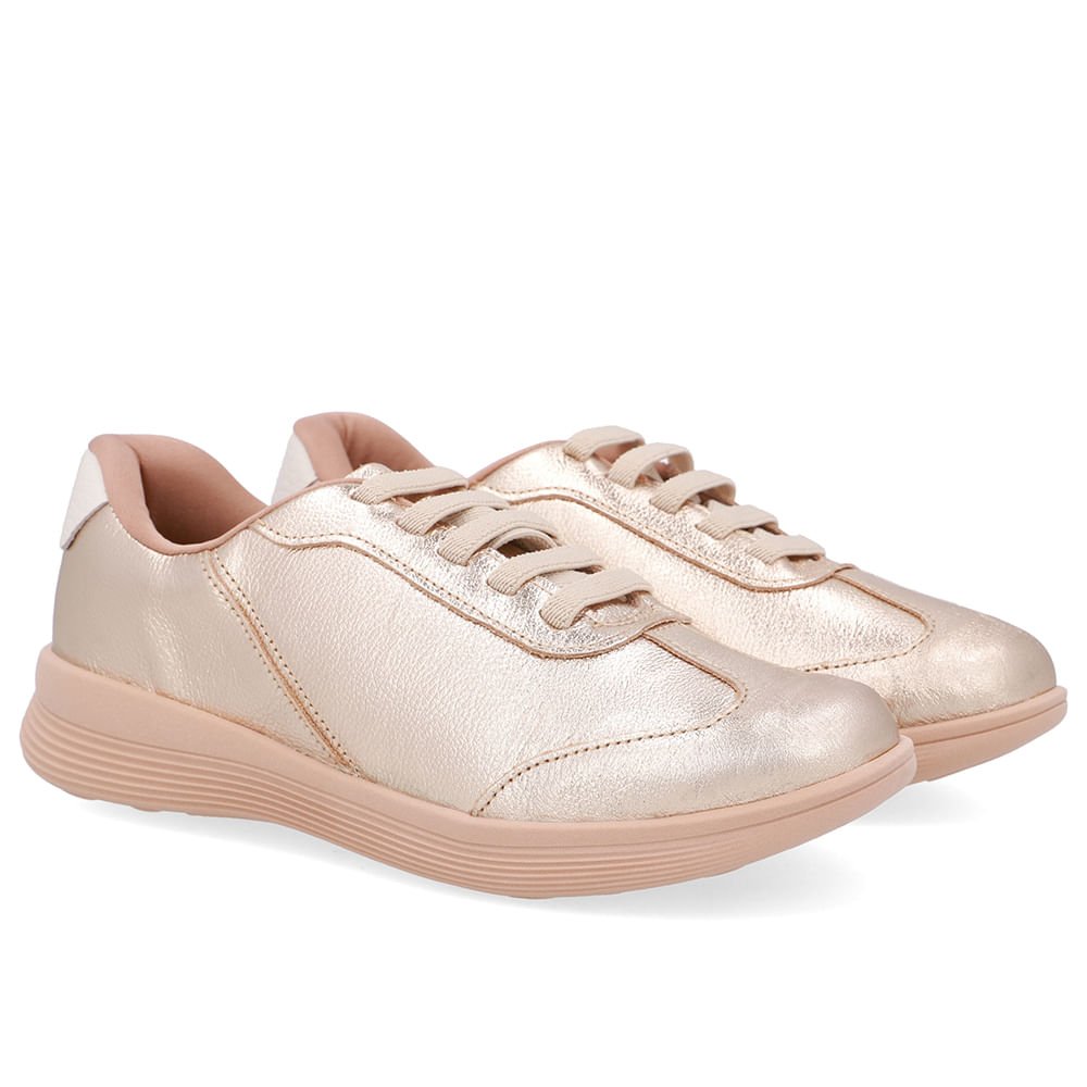Tênis Básico Couro Dourado Cadarço Elástico Dourado 2