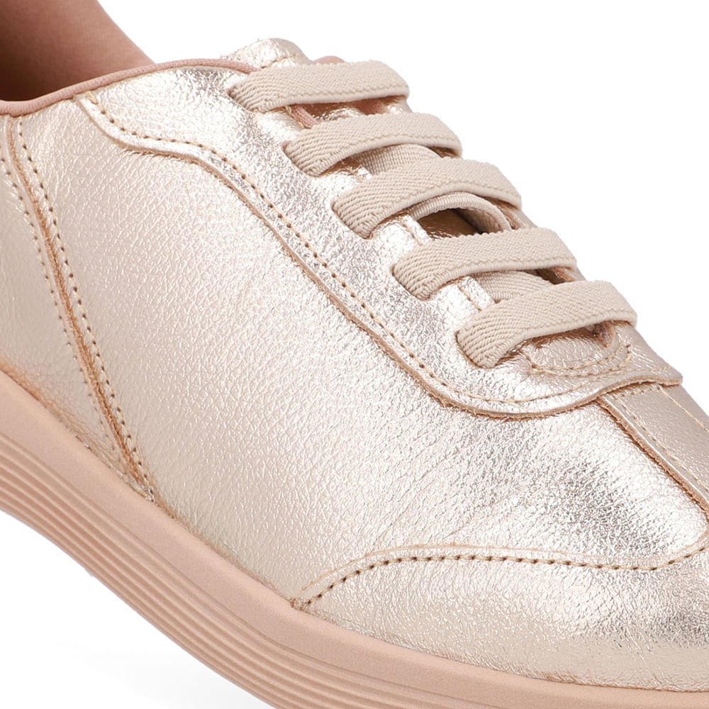 Tênis Básico Couro Dourado Cadarço Elástico Dourado 4