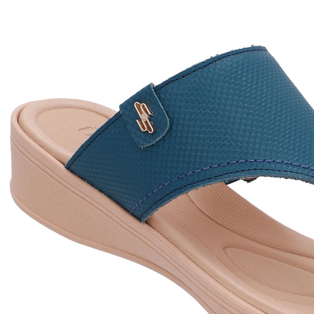 Chinelo Salto Baixo Couro Azul Azul 4