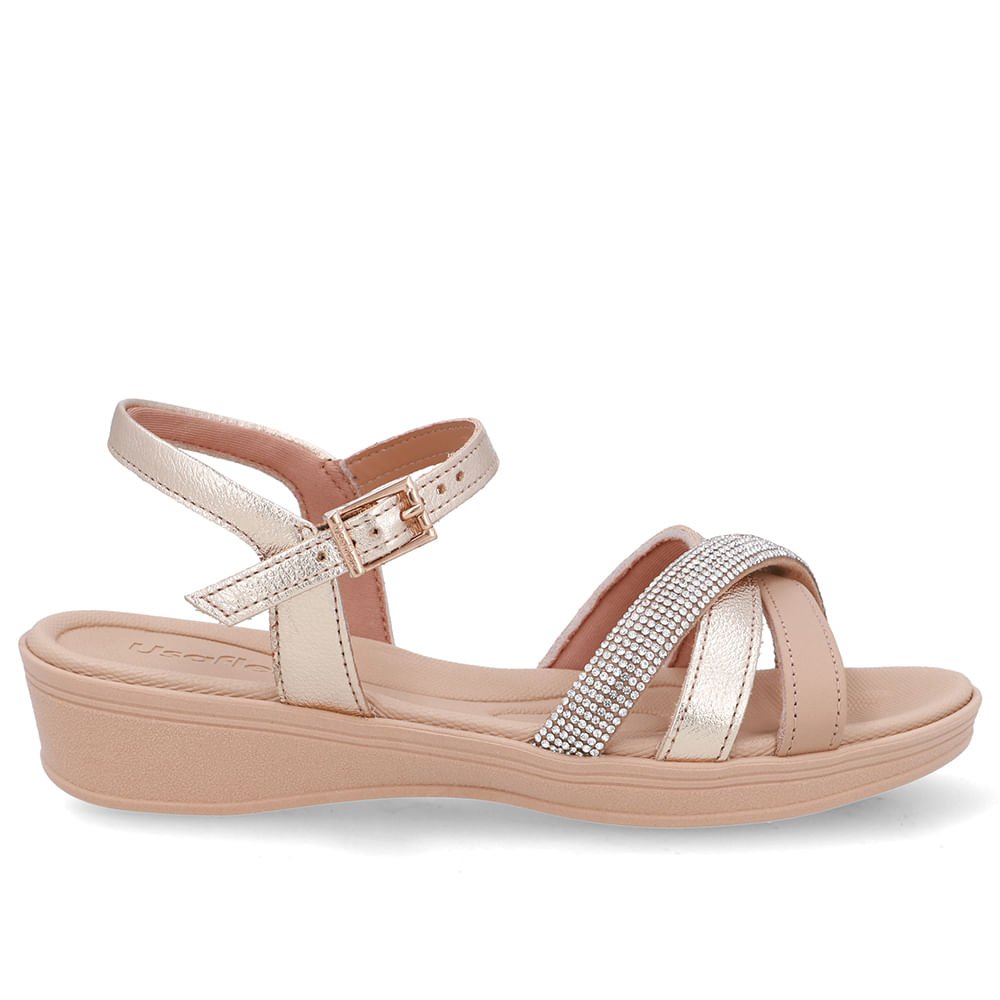 Sandália Couro Bege Tira Strass