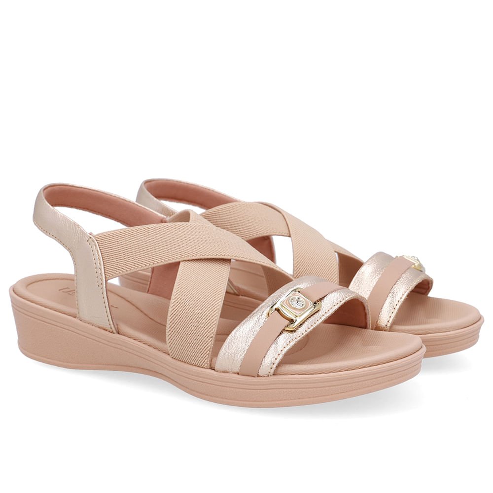 Sandália Couro Dourado Tiras Elástico Bege/Dourado 2