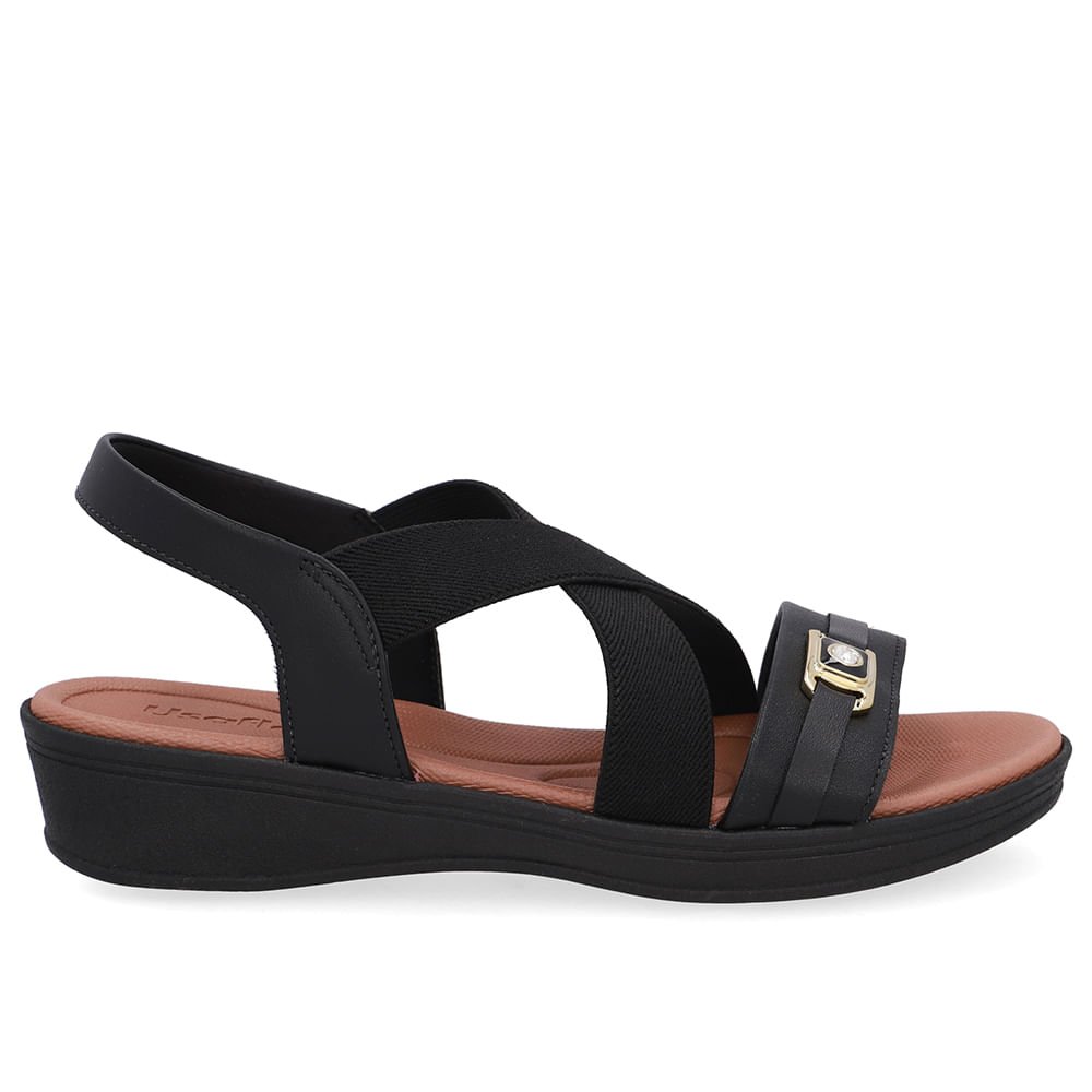 Sandália Couro Preta Tiras Elástico