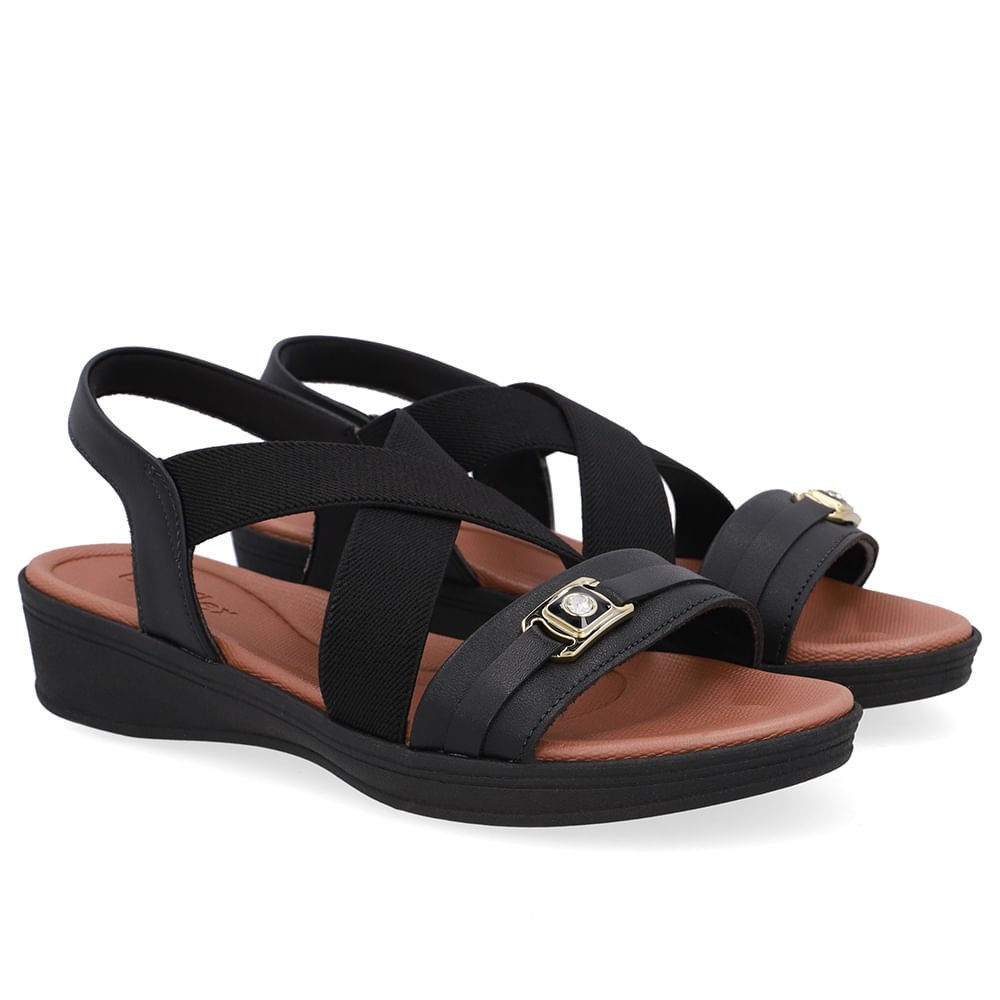 Sandália Couro Preta Tiras Elástico Preto 2
