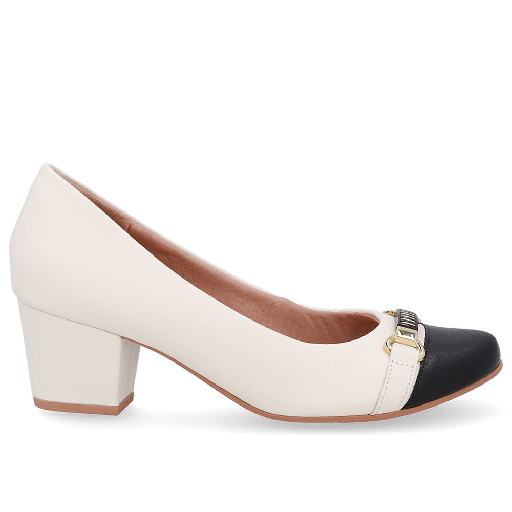Scarpin Couro Branco Marfim Preto Salto Bloco